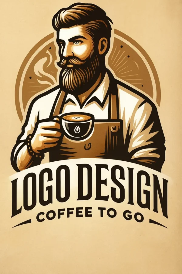 Logo cafenea coffee to go cu barista cu barbă, stil vintage, pe fundal bej – branding cafenea artizanală.