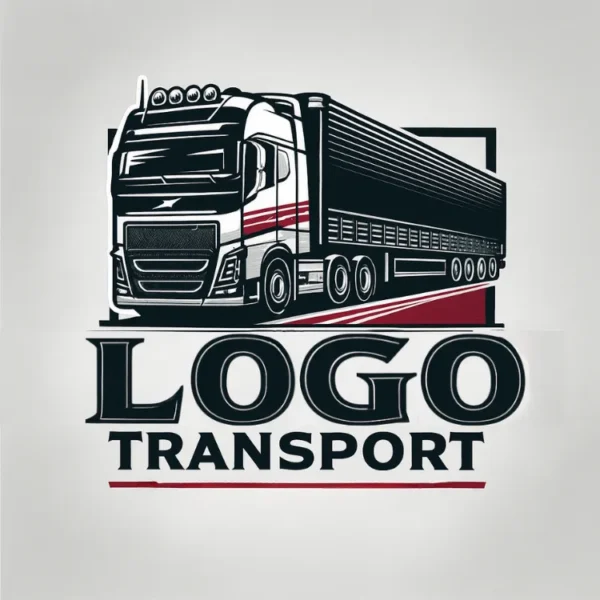 Logo transport rutier cu camion ilustrat stil grafic, fundal gri, text bold – branding pentru servicii de transport marfă.