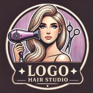 Logo salon de coafură cu femeie blondă, uscător de păr mov și fundal roz-violet – branding elegant pentru hair studio.