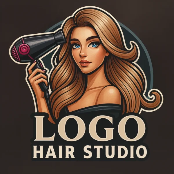 Logo profesional pentru hair studio, cu femeie stilizată și uscător de păr negru cu accente roz – imagine reprezentativă pentru salon de frumusețe modern.