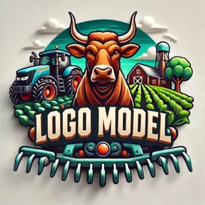 Logo cu taur și tractor pe fundal agricol, inscripționat cu 'LOGO MODEL' într-un stil bold, ideal pentru branding fermier sau agricol.