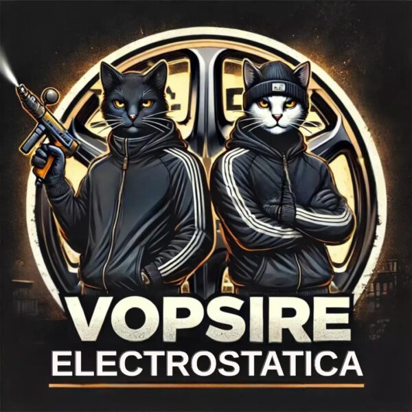 Logo modern pentru vopsitorie electrostatica cu simbol tehnic si culori metalice